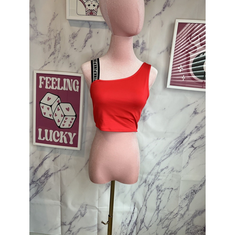 PINK By Victoria Secret Red ultimate one shoulder logo strap sports top sz S